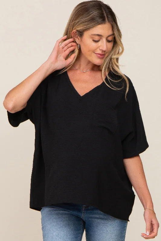 Black Oversized V-Neck Pocket Front Maternity Blouse Soft Pastel Blouse