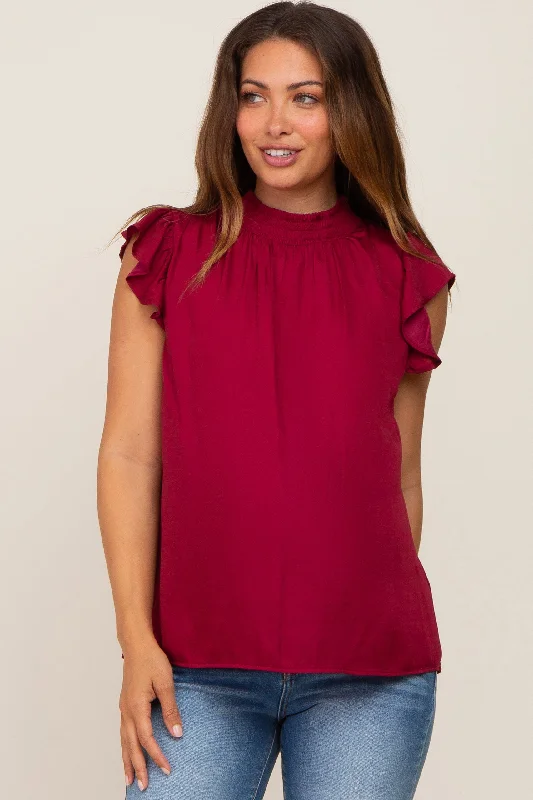 Burgundy Mock Neck Flutter Maternity Blouse Mandarin Collar Blouse