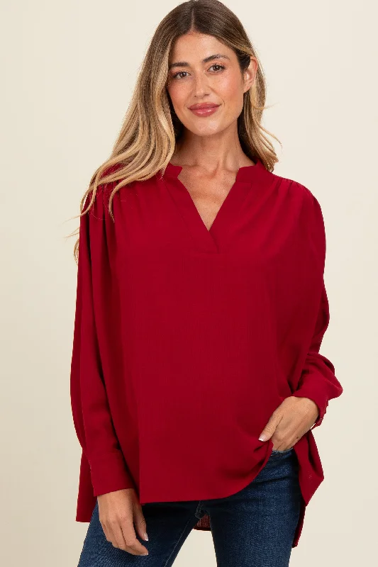 Burgundy V-Neck Maternity Oversized Blouse Lightweight Tunic Blouse