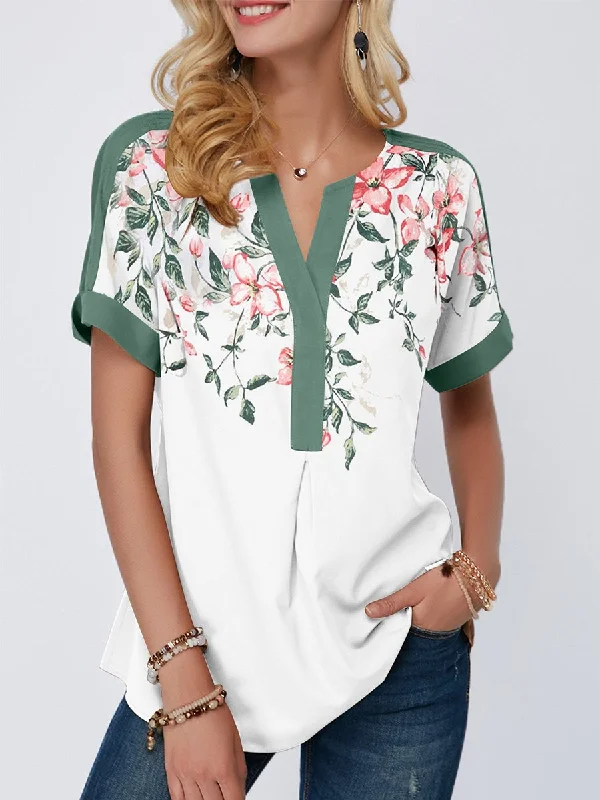 Floral Print Notch Neck Contrast Piping Blouse Satin Long Blouse