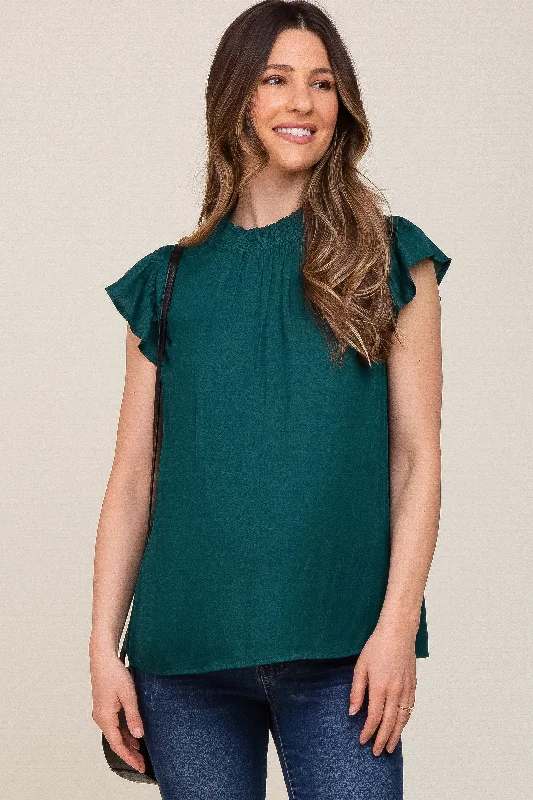 Forest Green Mock Neck Flutter Maternity Blouse Playful Puff Blouse