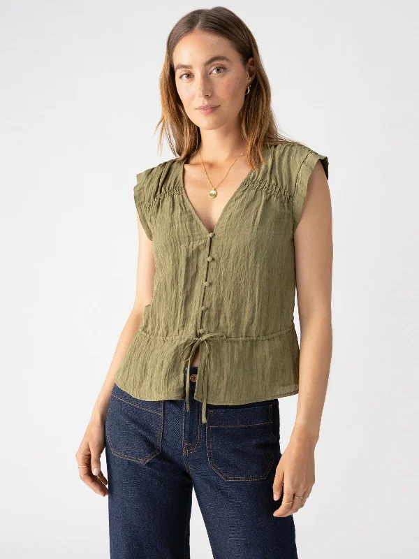 Gathered Shell Blouse Burnt Olive High Neck Blouse