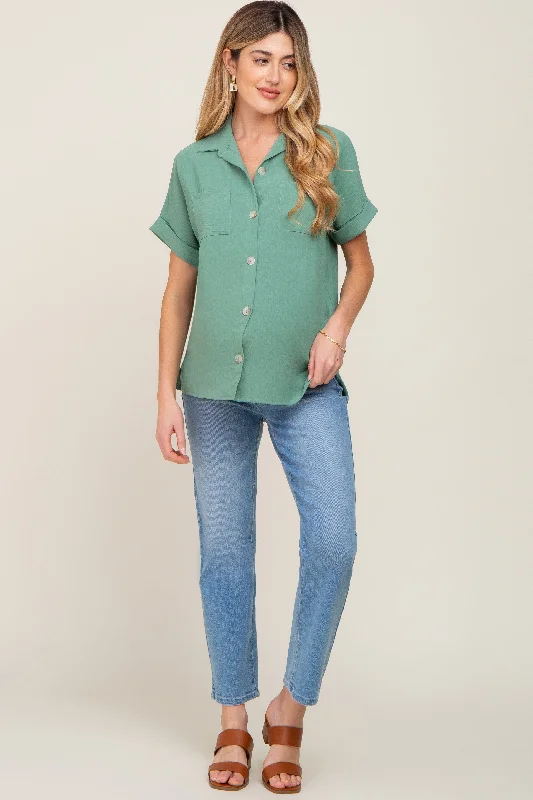 Green Collared Button-Down Short Sleeve Maternity Blouse Casual Button Blouse