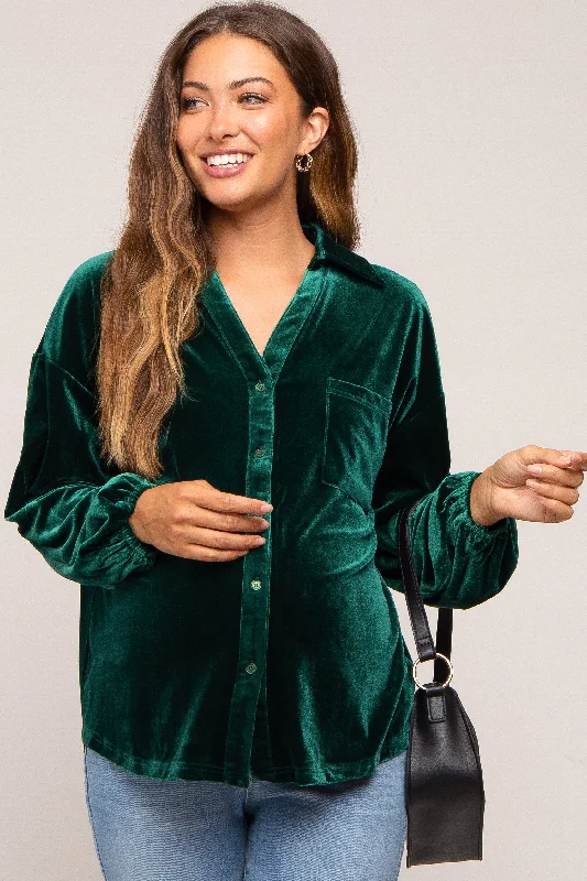 Hunter Green Velvet Button Front Collared Maternity Blouse Satin Bow Blouse