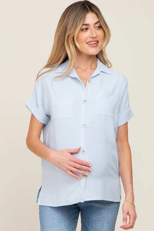 Light Blue Collared Button-Down Short Sleeve Maternity Blouse Vintage Lace Blouse