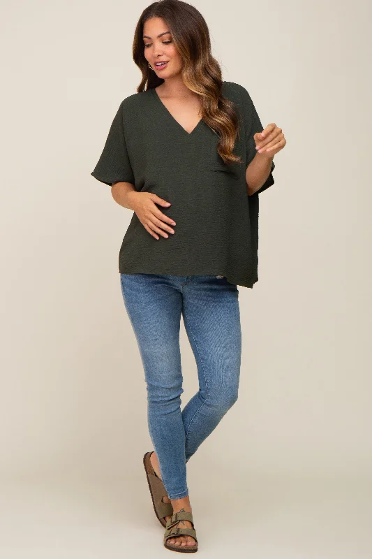 Olive Oversized V-Neck Pocket Front Maternity Blouse Boho Chic Blouse