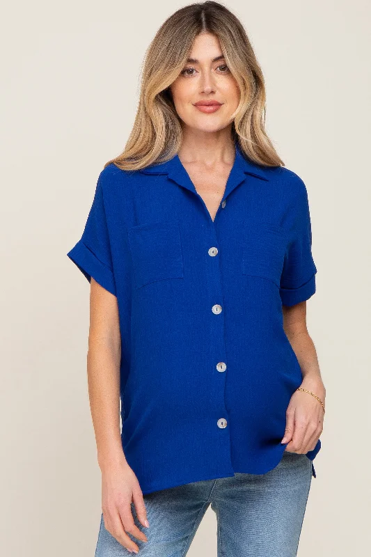 Royal Blue Collared Button-Down Short Sleeve Maternity Blouse Classic White Blouse