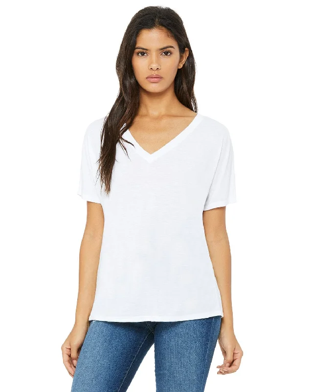 Bella+Canvas Ladies Flowy Simple V-Neck T-Shirt | White Chenille Blend Fleece Blend Nylon Blend