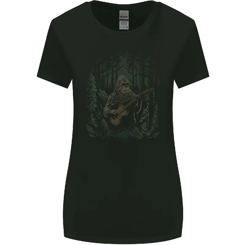 Bigfoot Playing the Guitar Womens Wider Cut T-Shirt Notch Collar Peter Pan Collar Cowl Neck