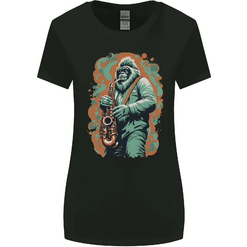 Bigfoot Playing the Saxophone Ape Gorilla Womens Wider Cut T-Shirt Oversized T-Shirt Spandex breathable