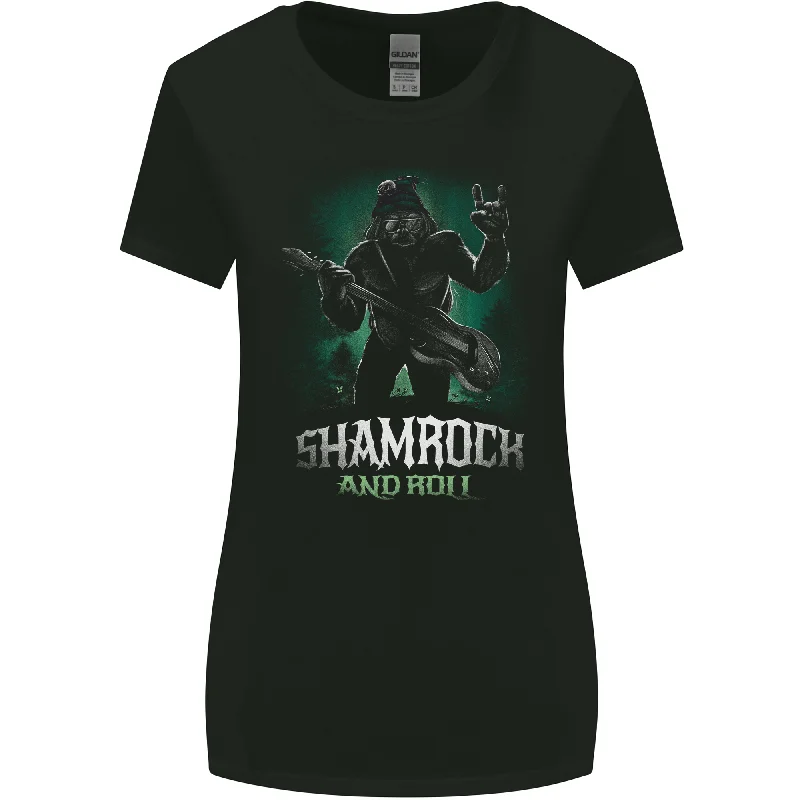 Bigfoot Shamrock n Roll Funny St Patricks Day Womens Wider Cut T-Shirt Zippered Buttoned Snapped