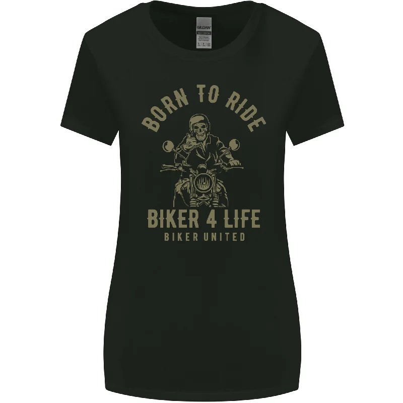 Biker 4 Life Motorbike Motorcycle Skull Womens Wider Cut T-Shirt V-Neck T-Shirt Long Sleeve Cotton