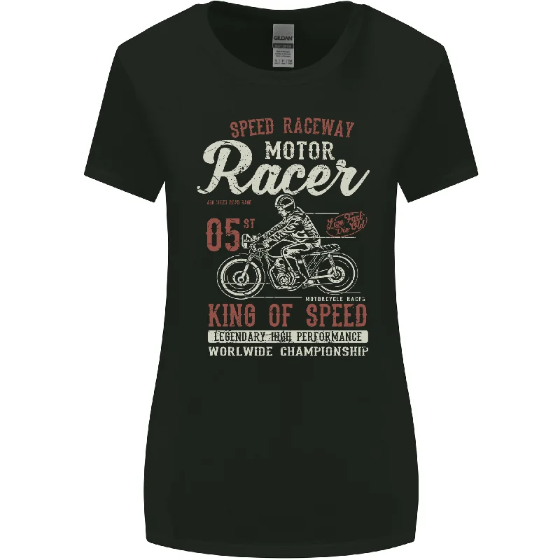 Biker King of Speed Motorcycles Cafe Racer Womens Wider Cut T-Shirt Notch Collar Peter Pan Collar Cowl Neck