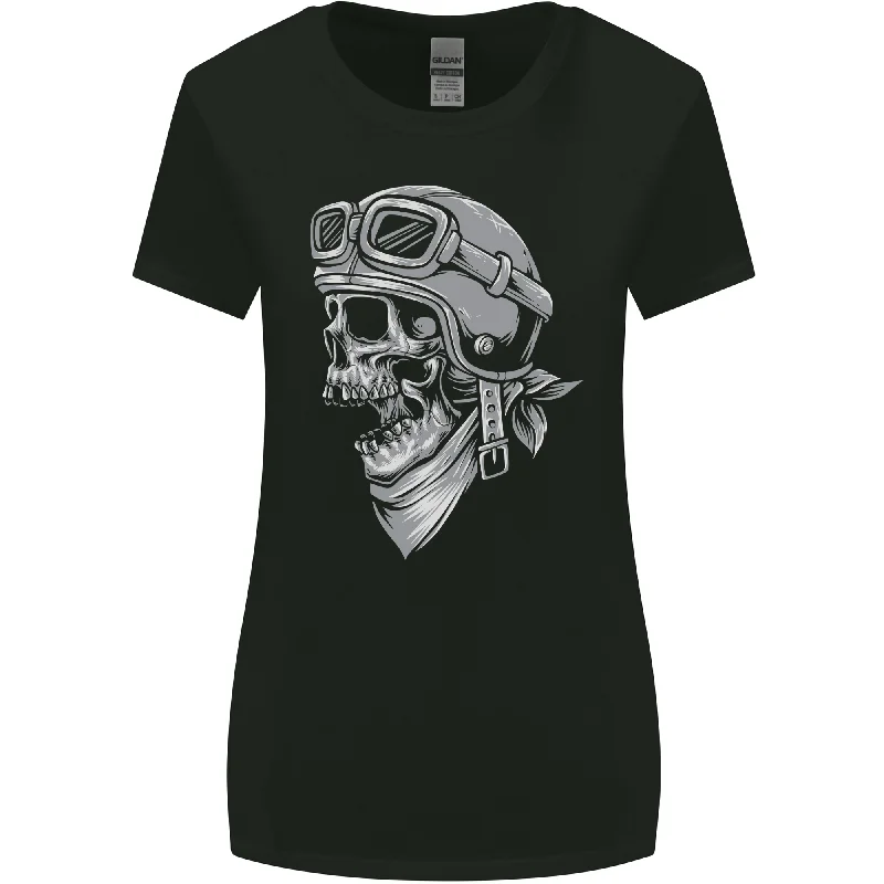 Biker Outlaw Skull Motorbike Motorcycle Womens Wider Cut T-Shirt Graphic Embroidered Appliqued