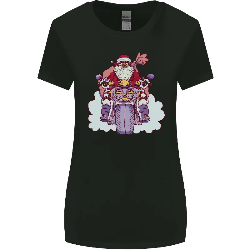 Biker Santa Christmas Motorcycle Motorbike Womens Wider Cut T-Shirt Zippered Buttoned Snapped