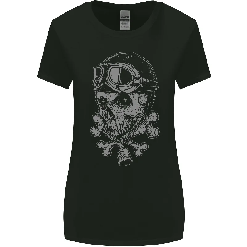 Biker Skull Rider Motorbike Motorcycle Womens Wider Cut T-Shirt Notch Collar Peter Pan Collar Cowl Neck