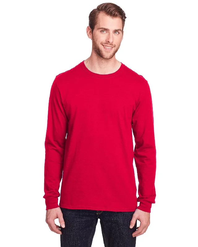 Fruit of the Loom Adult ICONIC Long Sleeve T-Shirt | True Red Ribbed Striped Patterned