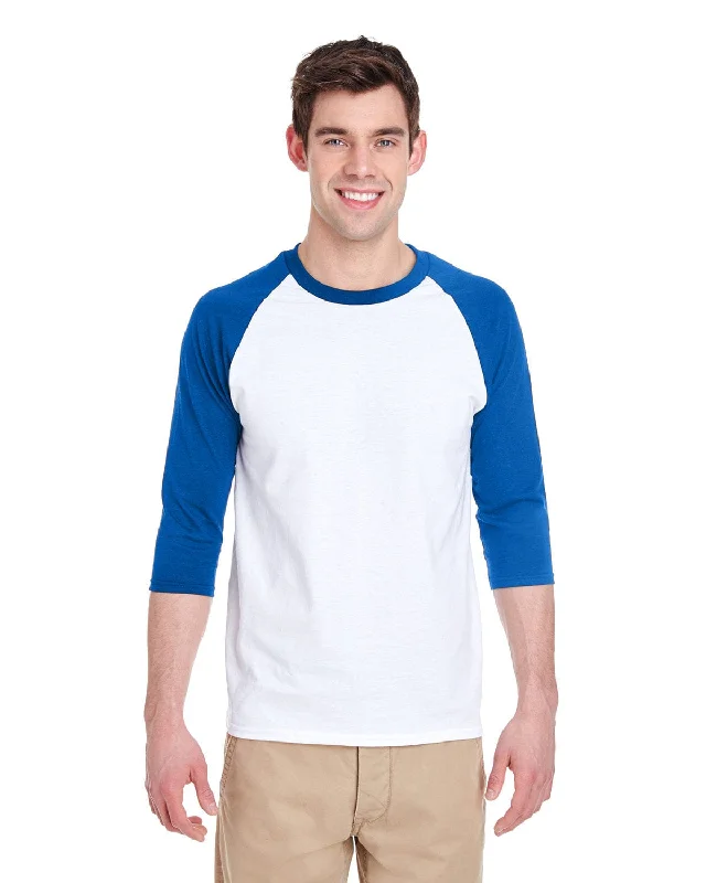 Gildan Heavy Cotton 3/4-Raglan Sleeve T-Shirt | White/ Royal Notch Collar Peter Pan Collar Cowl Neck