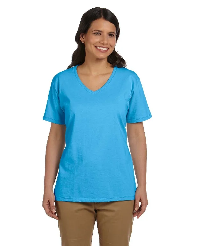 Hanes Ladies ComfortSoft V-Neck Cotton T-Shirt | Aquatic Blue Chenille Blend Fleece Blend Nylon Blend