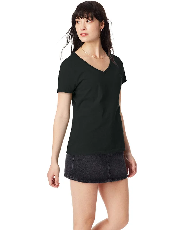 Hanes Ladies Ringspun Cotton Nano V-Neck T-Shirt | Black Silk Blend Satin Velvet