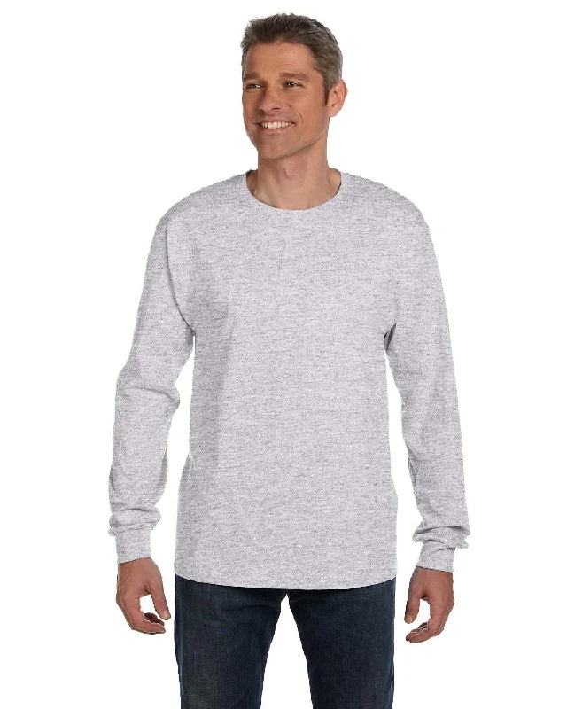 Hanes Tagless Long Sleeve Pocket T-Shirt | Ash Hooded Caped Shawl Collar