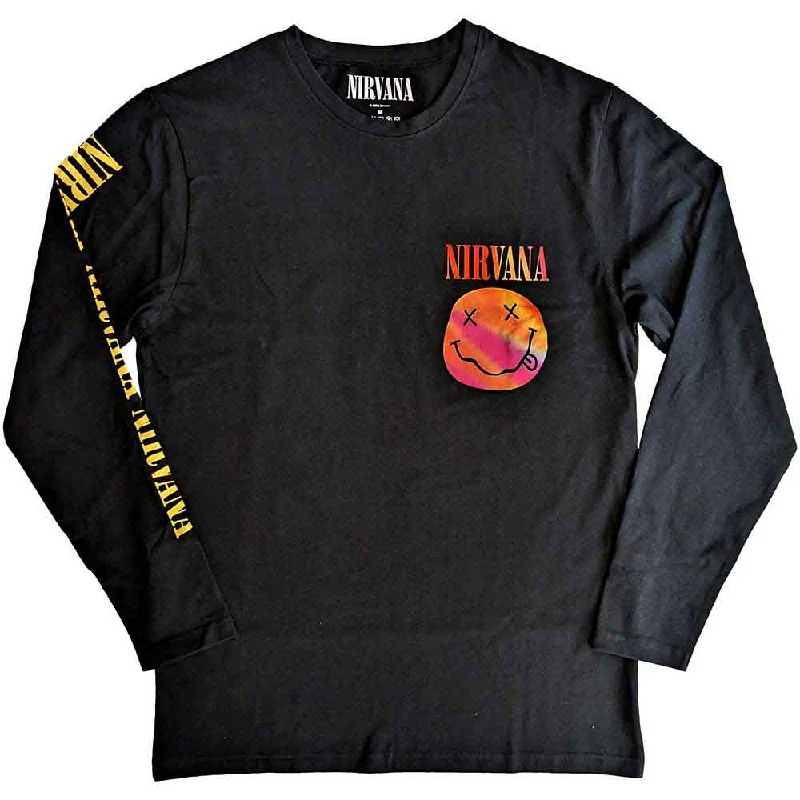 Nirvana Unisex | Official Band Long Sleeve T-Shirt | Gradient Happy Face (Back & Sleeve Print) Fleece Nylon Spandex