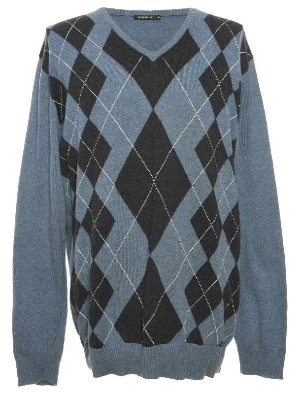 Blue Argyle Jumper - XL Spandex Rayon Corduroy