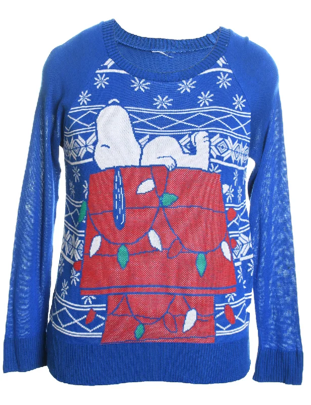 Blue Cartoon Christmas Jumper - M Seamless Knitted Crochet