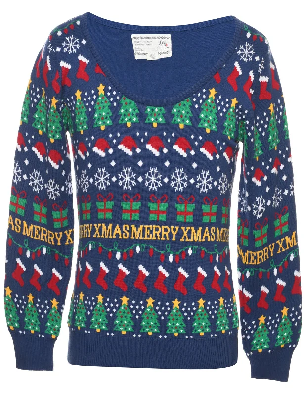 Blue Christmas Jumper - L Stylish Fashionable Trendy