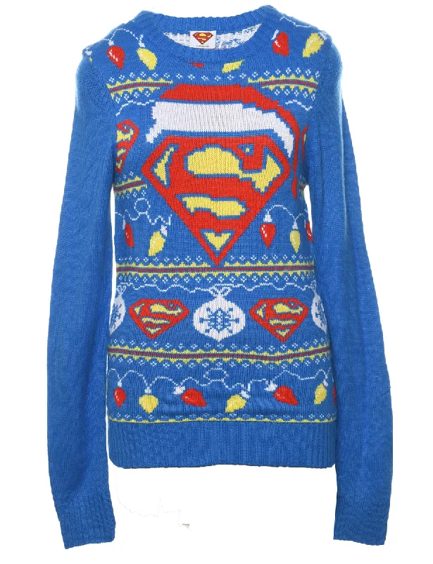 Blue Christmas Jumper - M Solid Print Embellished