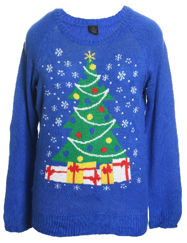 Blue Christmas Jumper - XL Houndstooth Herringbone Solid