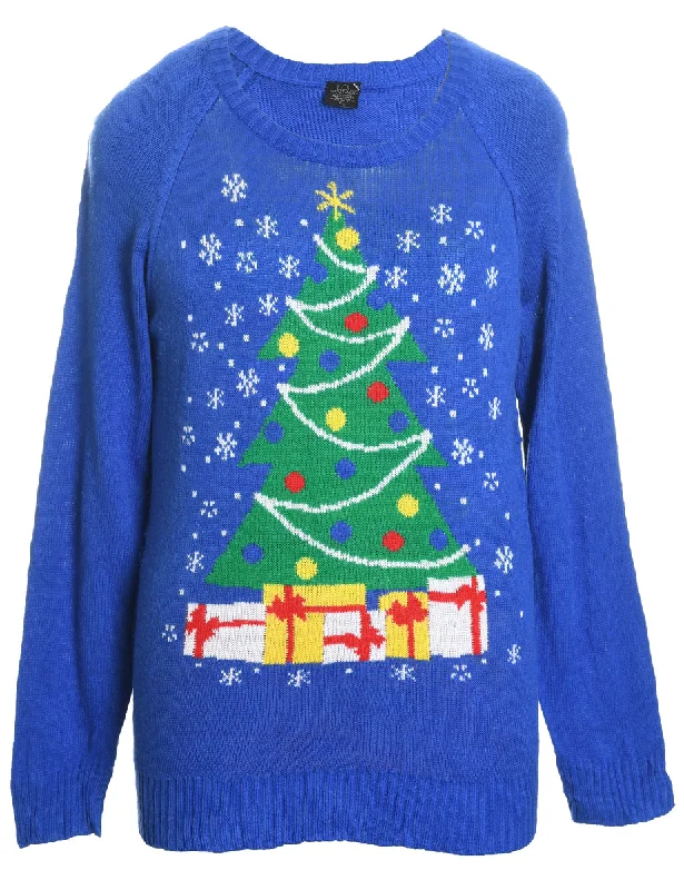 Blue Christmas Jumper - XL Notch Collar Peter Pan Collar Cowl Neck