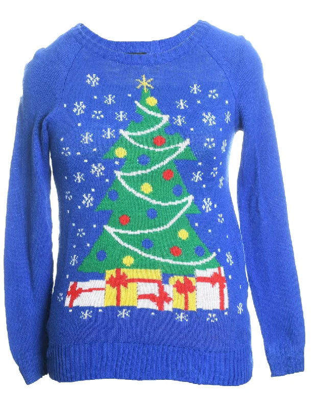 Blue Christmas Jumper - XS Front Pockets Side Pockets Patch Pockets