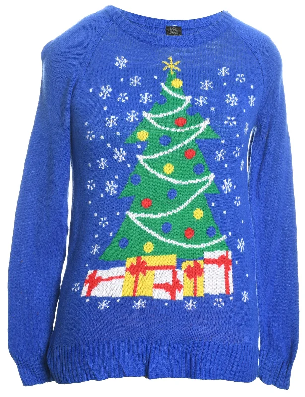 Blue Knit Round-Neck Christmas Jumper - S Handmade Hand-knitted Hand-woven