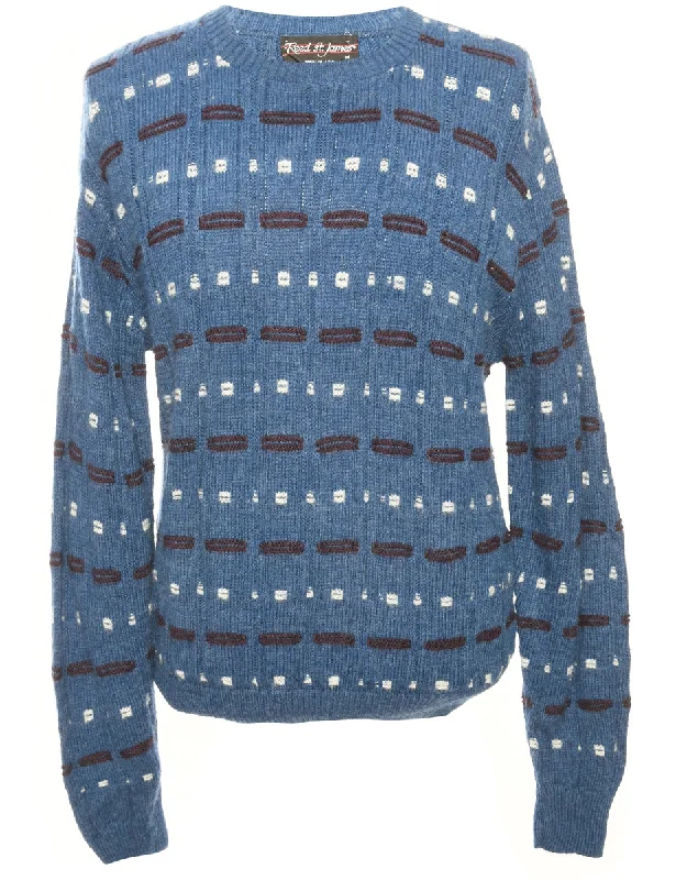 Blue Patterned Jumper - M Solid Print Embellished