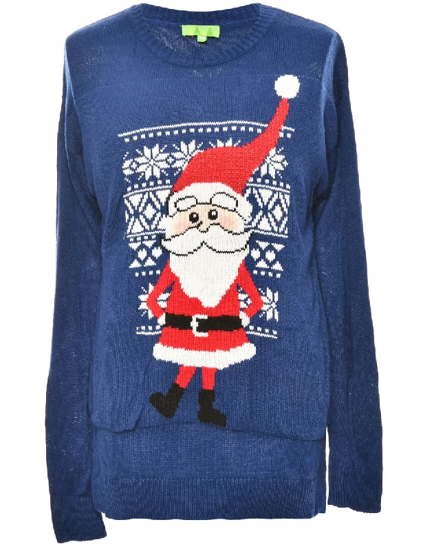 Blue Santa Design Blue Christmas Jumper - S Sequined Glittery Shiny