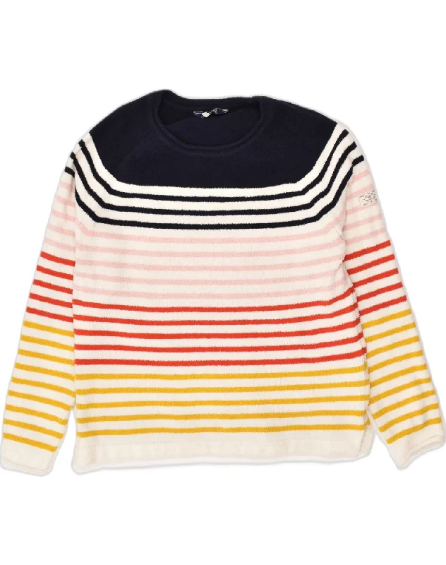 JOULES Womens Fleece Jumper UK 12 Medium White Striped Polyester Nautical Stretchy Elastic Breathable