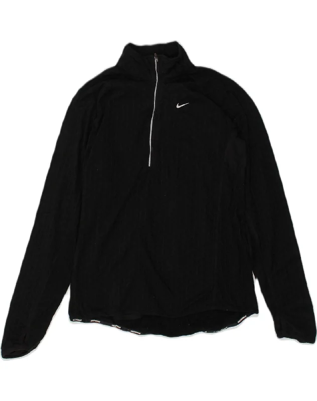 NIKE Womens Dri Fit Zip Neck Fleece Jumper UK 14 Large Black Chenille Brocade Lace