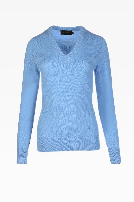 Alice Ladies Cashmere V-Neck Jumper in Dream Blue Polka Dot Checkered Tartan