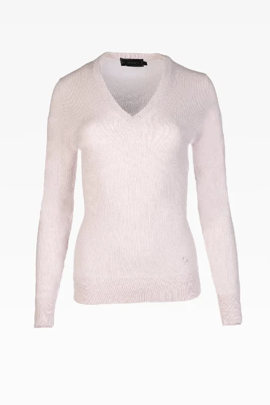 Alice Ladies Cashmere V-Neck Jumper in Fog White Beaded Sweater Sequined Faux Fur