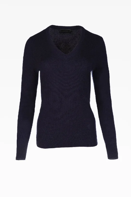 Alice Ladies Cashmere V-Neck Jumper in Navy Blue Stretchy Elastic Breathable