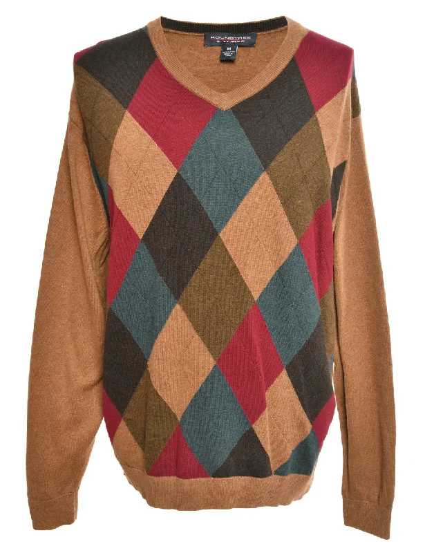 Brown Argyle Jumper - M Zippered Buttoned Snapped