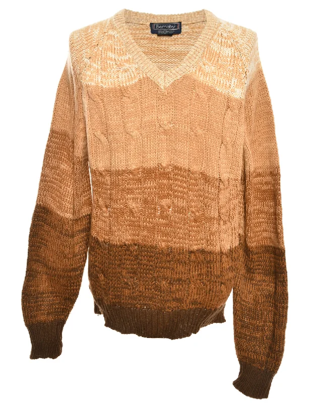 Brown Cable Knit Jumper - L Fitted Loose Oversized