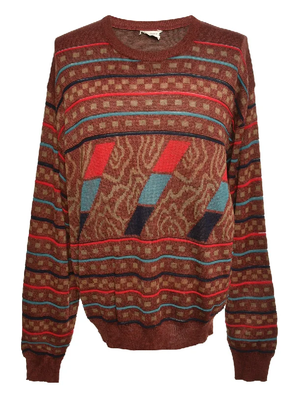 Brown Patterned Jumper - M High Neck Crew Neck V-Neck