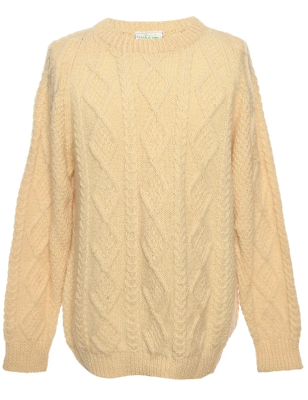 Cable Knit Cream Jumper - S Welt Pockets Slit Pockets Flap Pockets