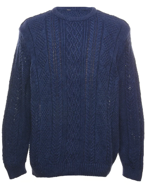 Cable Knit Navy Jumper - L Terry Terry Cloth Terry Knit