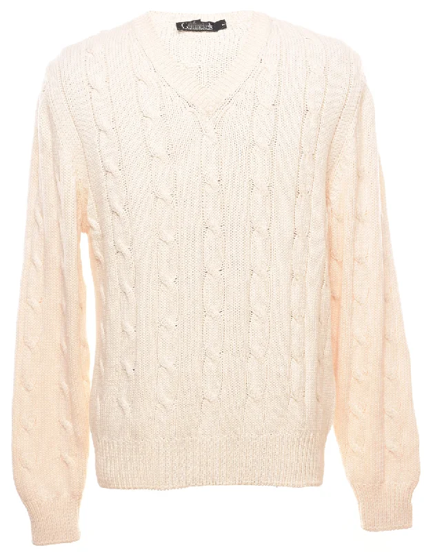 Cable Knit Off White Jumper - L Stylish Fashionable Trendy