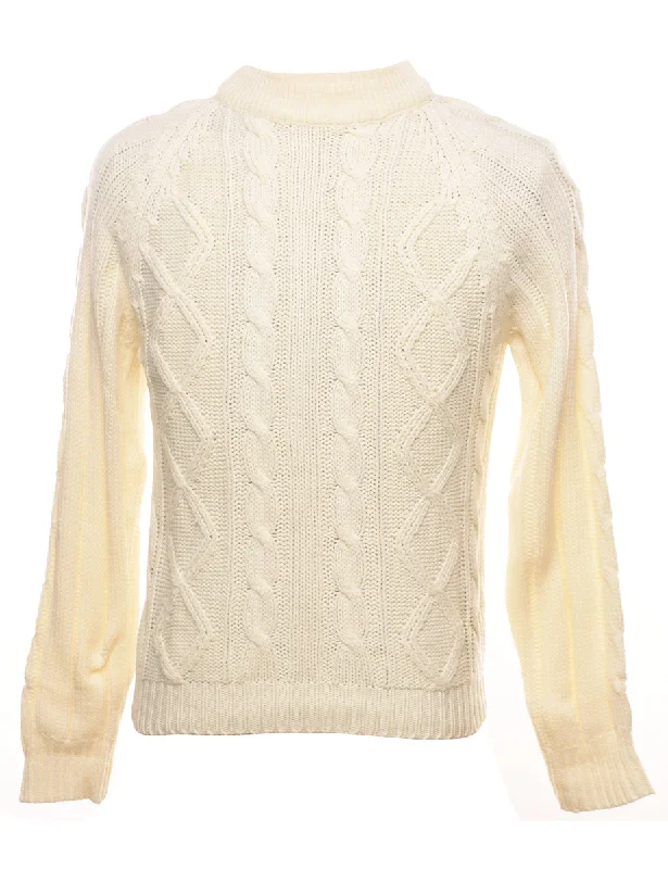 Cable Knit Off White Jumper - M Glossy Satin Silk