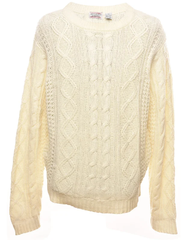 Cable Knit Pale Yellow Jumper - L Ribbed Striped Patterned