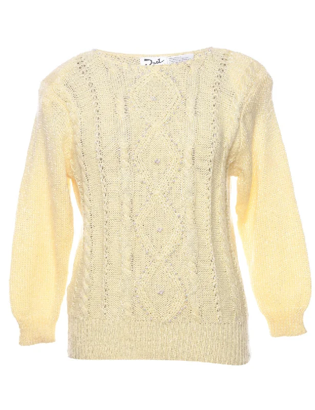 Cable Knit Pale Yellow Sparkly Jumper - M Sequined Glittery Shiny